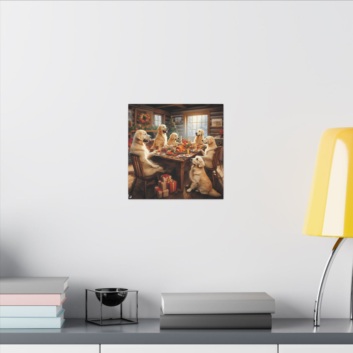 Golden Retrievers at Christmas Dinner Canvas Wrap