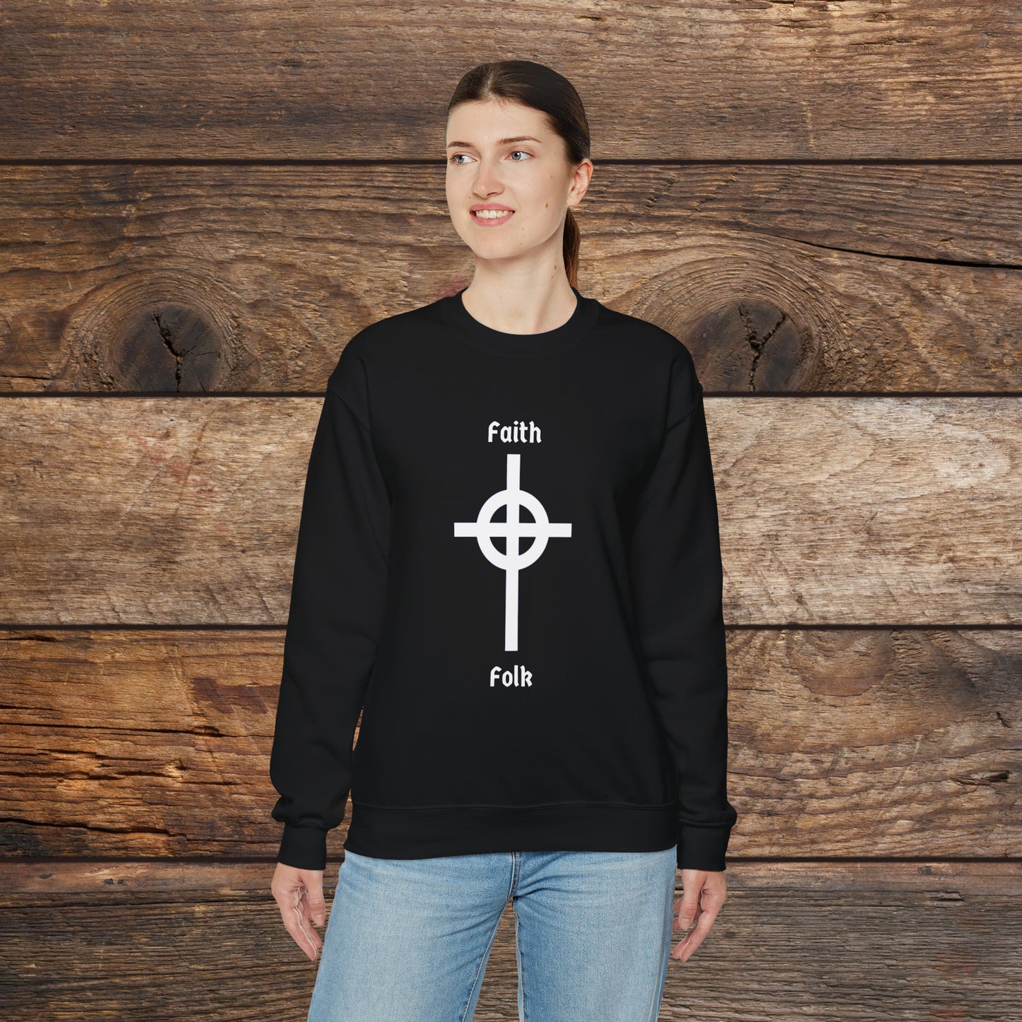Faith and Folk Long Celtic Cross Large Front Logo Crewneck Sweatshirt