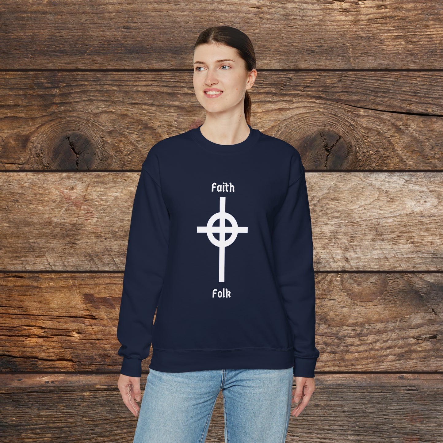Faith and Folk Long Celtic Cross Large Front Logo Crewneck Sweatshirt