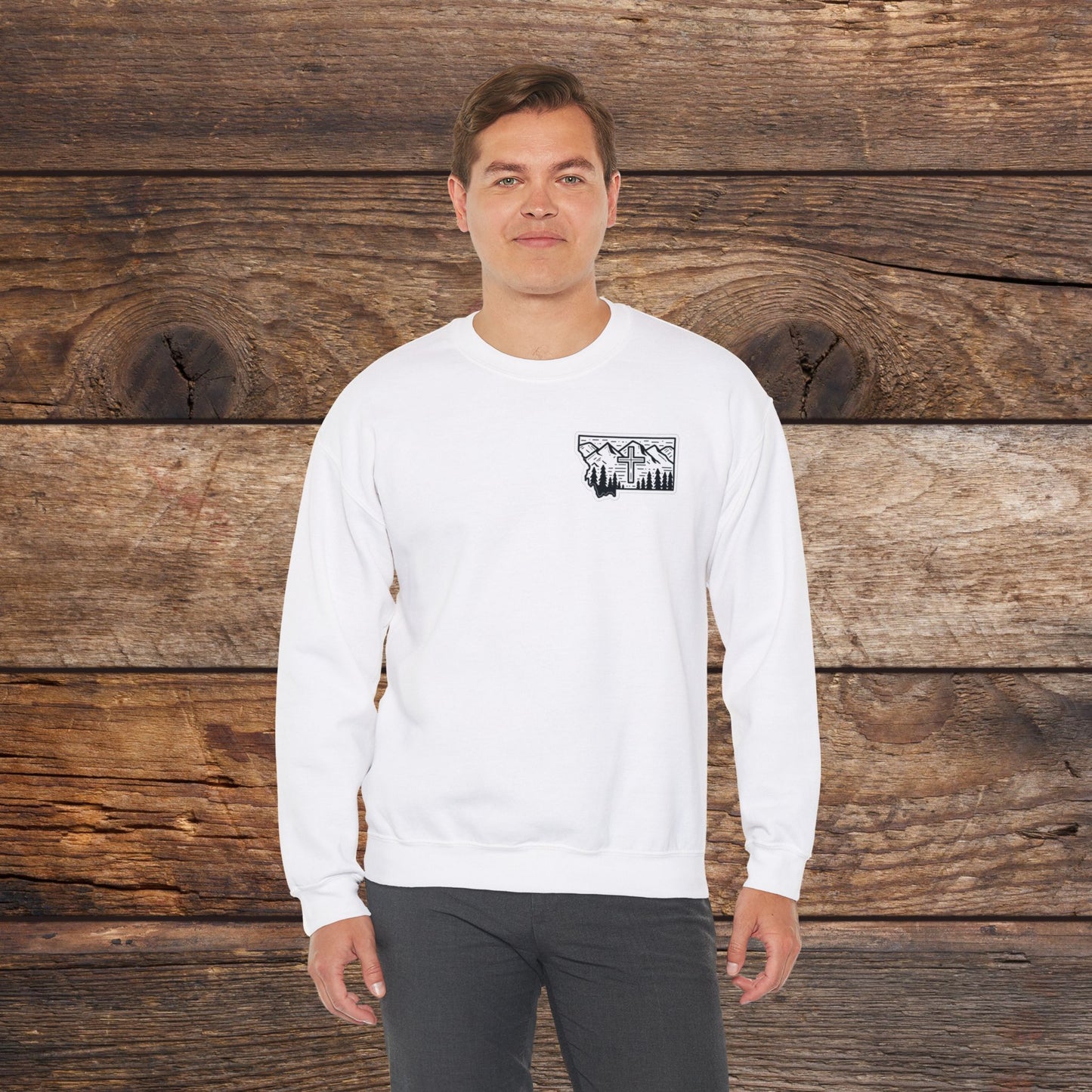 Montana Small Christian Cross Unisex Heavy Blend™ Crewneck Sweatshirt