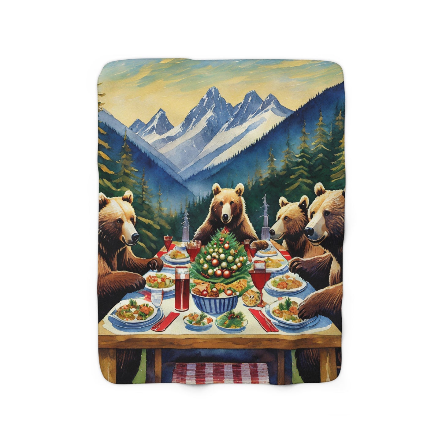 Grizzly Bear Christmas Dinner Sherpa Fleece Blanket