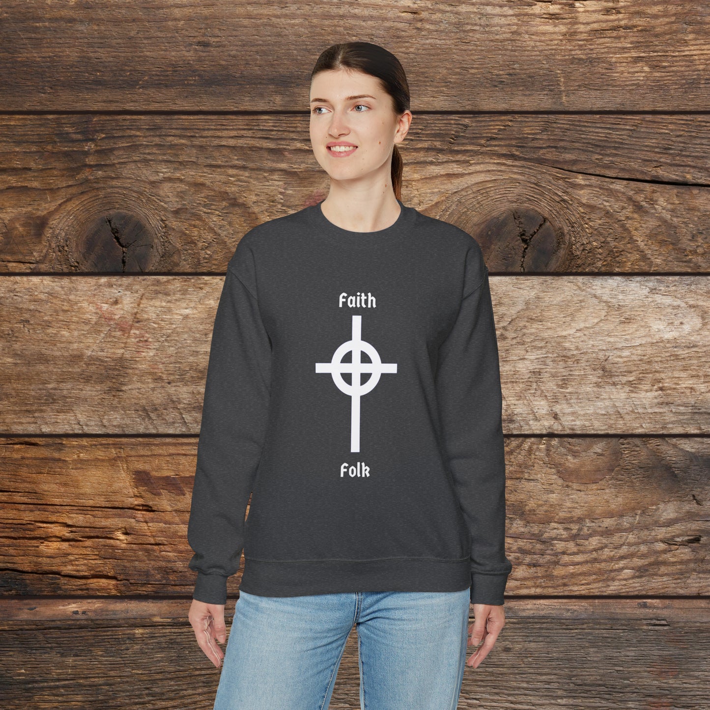 Faith and Folk Long Celtic Cross Large Front Logo Crewneck Sweatshirt