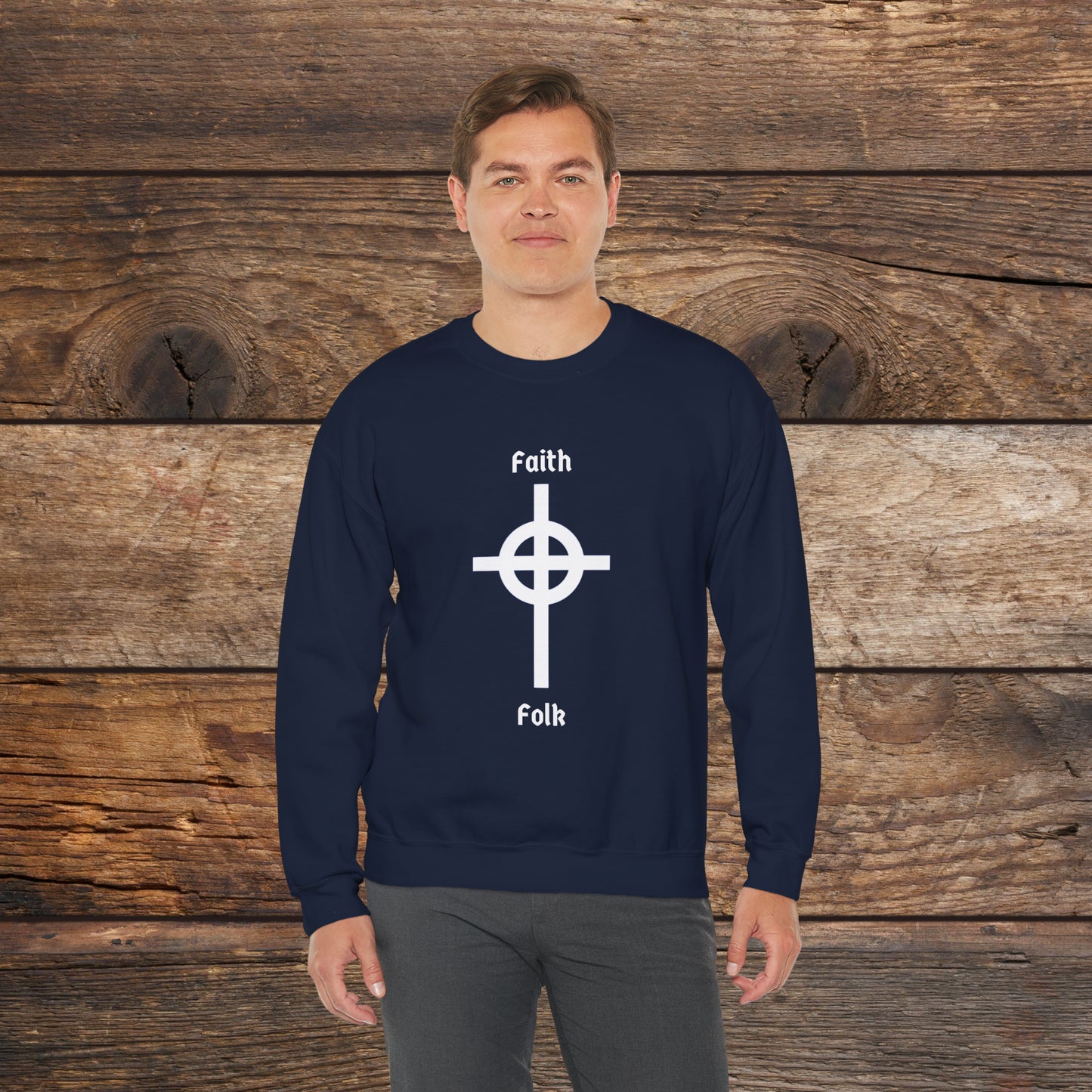 Faith and Folk Long Celtic Cross Large Front Logo Crewneck Sweatshirt