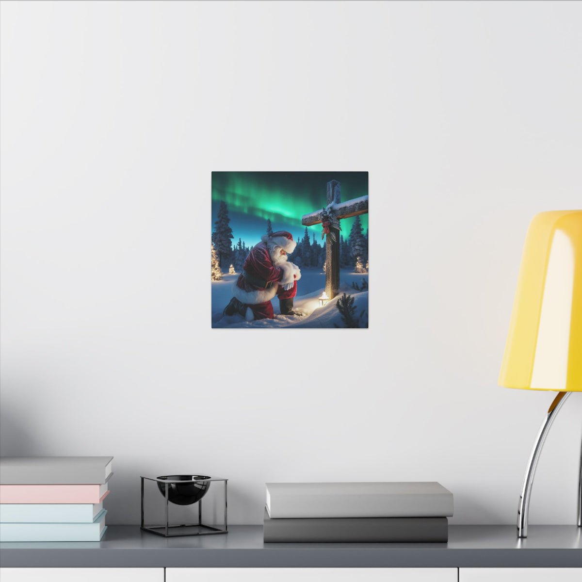 Northern Lights Santa Kneeling by Wooden Cross Canvas Wrap