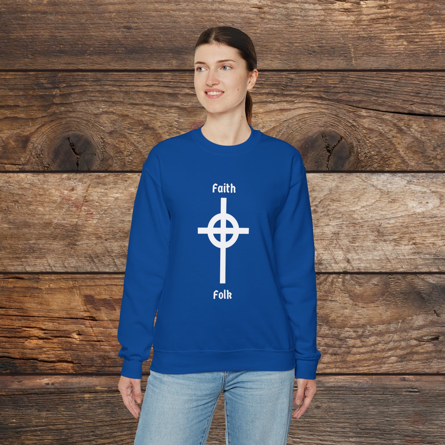 Faith and Folk Long Celtic Cross Large Front Logo Crewneck Sweatshirt