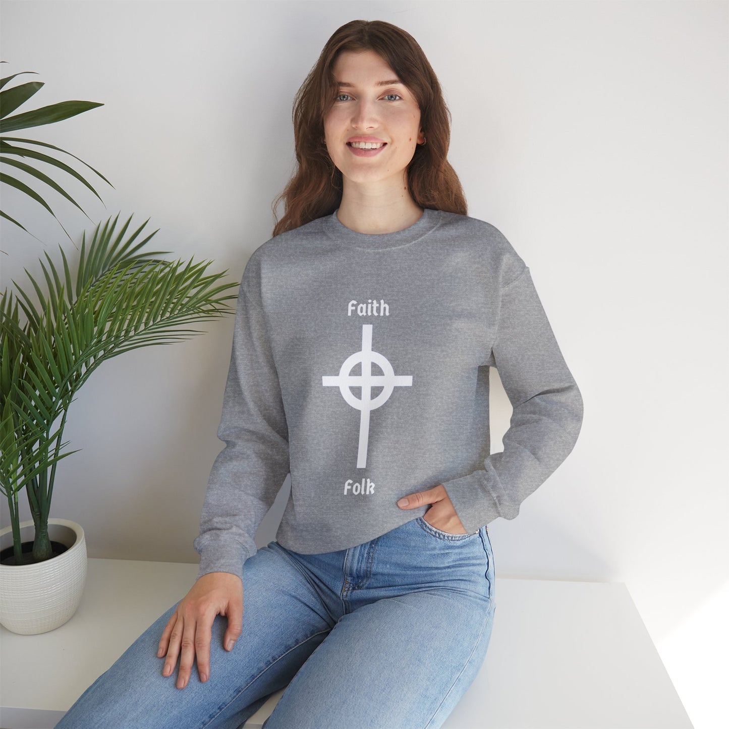 Faith and Folk Long Celtic Cross Large Front Logo Crewneck Sweatshirt