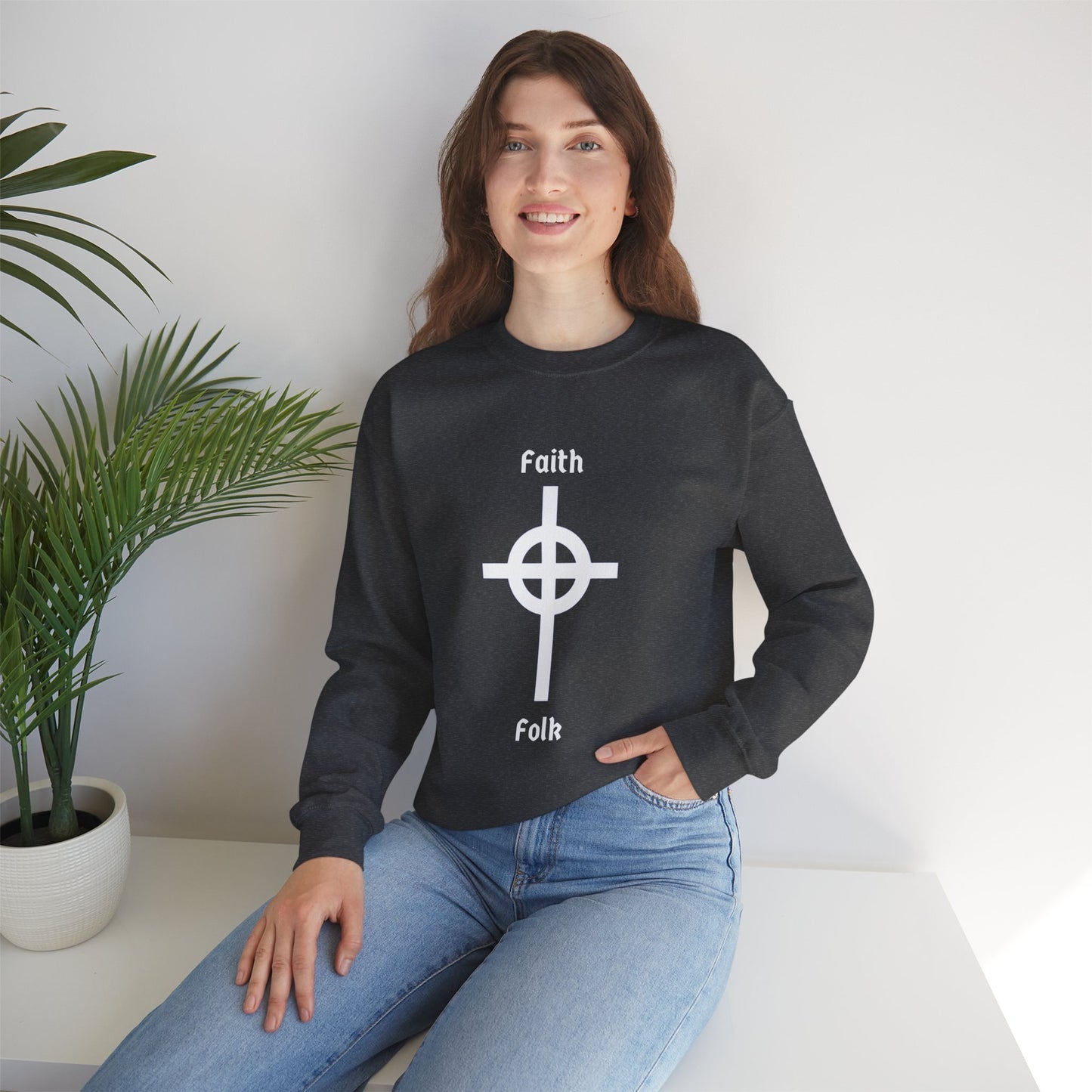 Faith and Folk Long Celtic Cross Large Front Logo Crewneck Sweatshirt