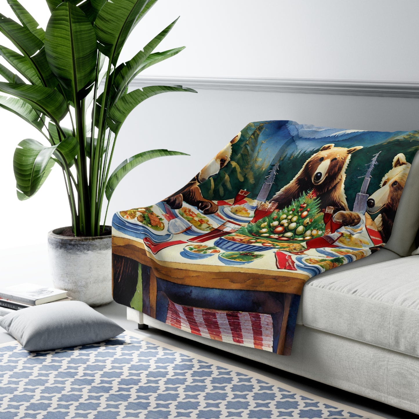 Grizzly Bear Christmas Dinner Sherpa Fleece Blanket