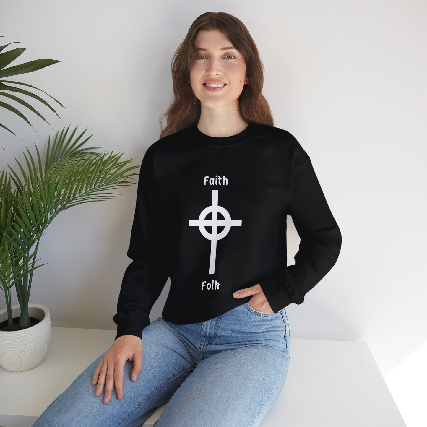 Faith and Folk Long Celtic Cross Large Front Logo Crewneck Sweatshirt
