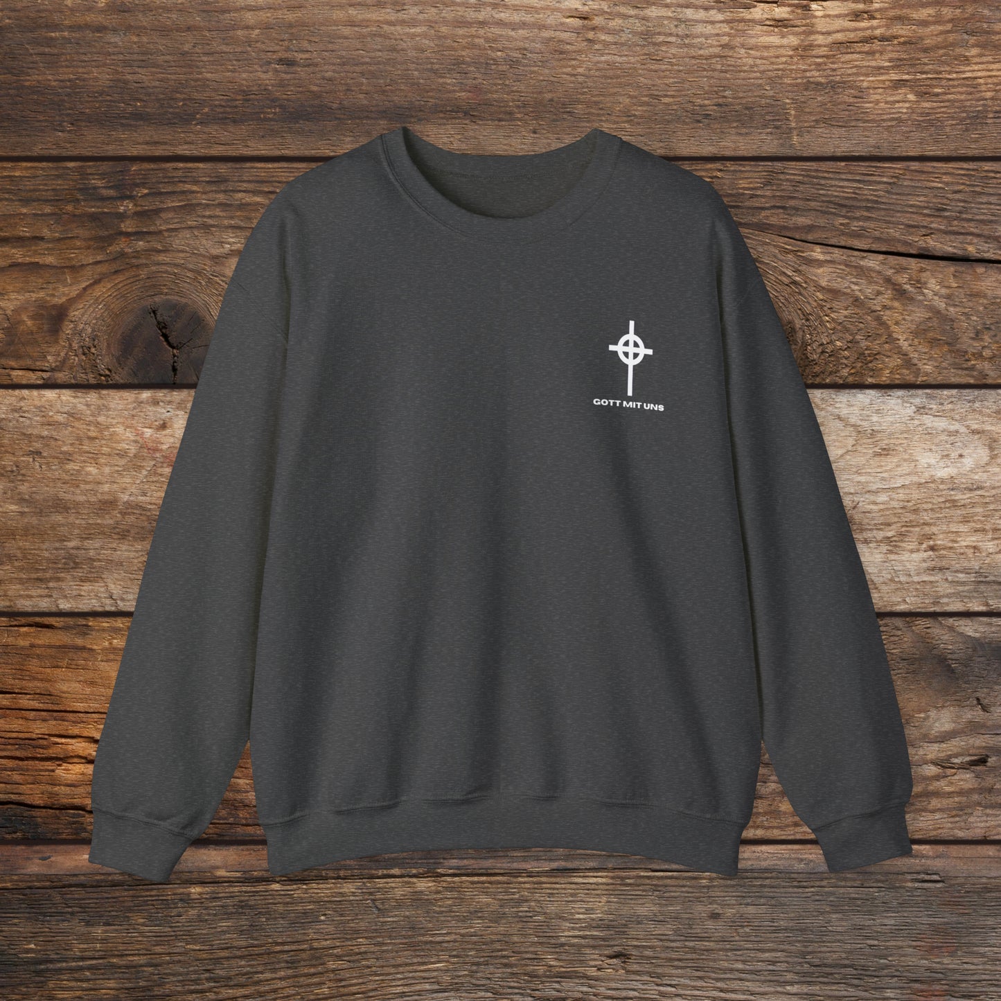 Gott Mit Uns Long Celtic Cross Small Chest Logo Crewneck Sweatshirt