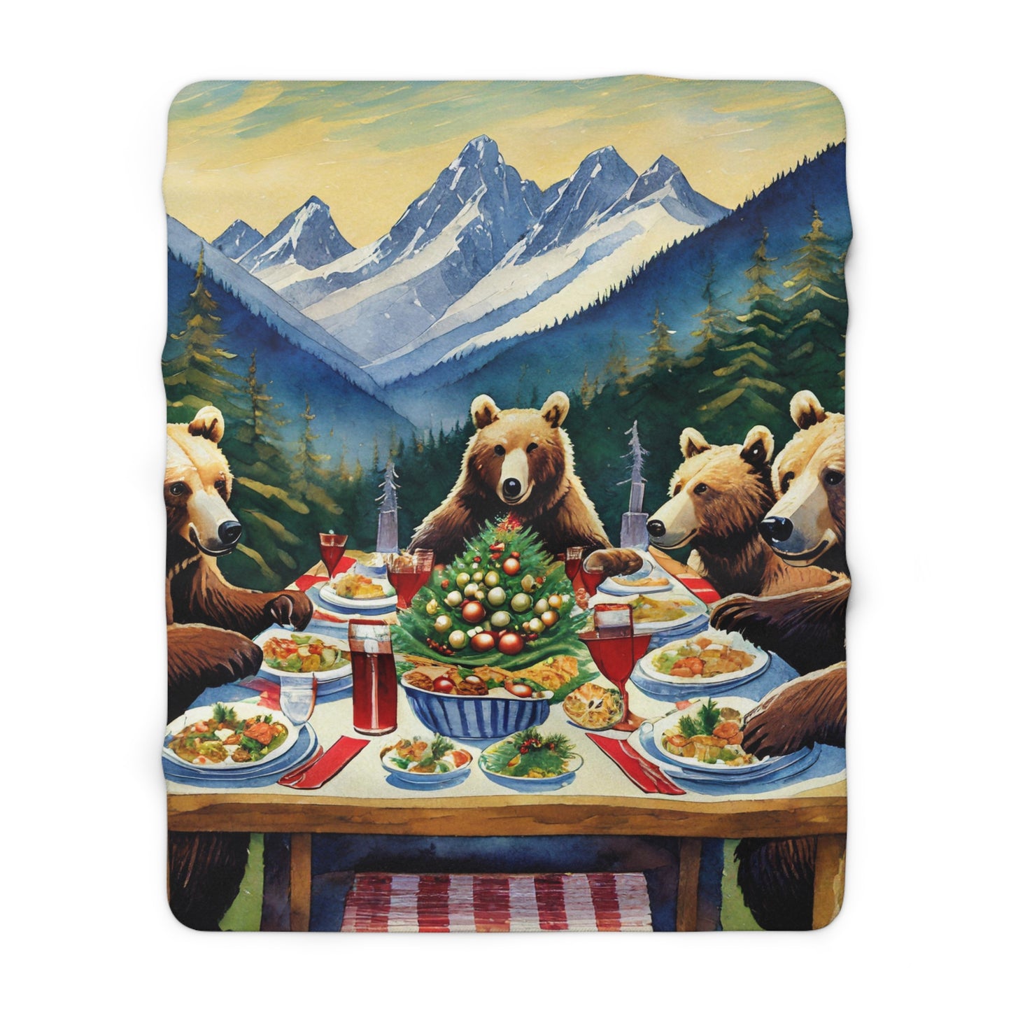 Grizzly Bear Christmas Dinner Sherpa Fleece Blanket