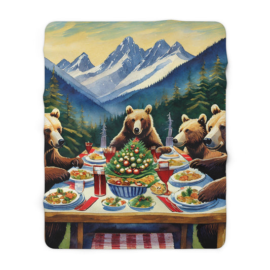 Grizzly Bear Christmas Dinner Sherpa Fleece Blanket