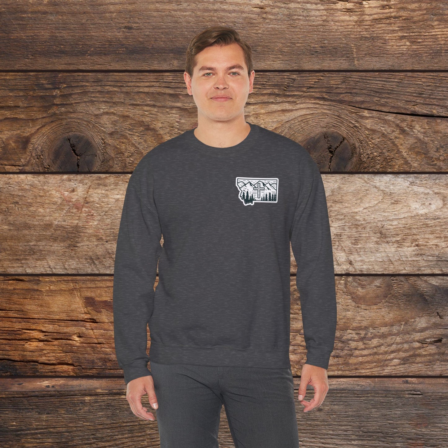 Montana Small Christian Cross Unisex Heavy Blend™ Crewneck Sweatshirt