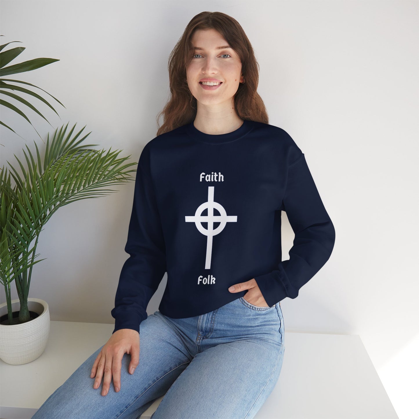 Faith and Folk Long Celtic Cross Large Front Logo Crewneck Sweatshirt