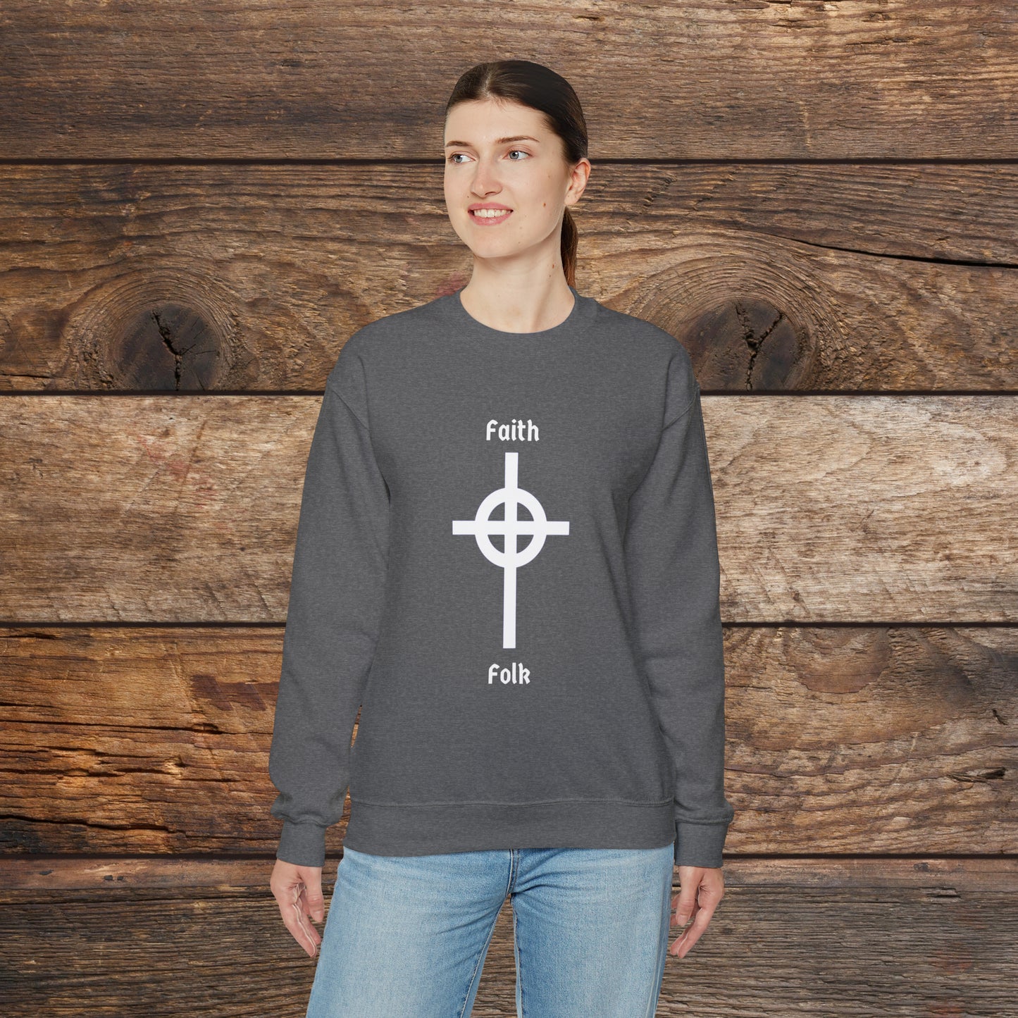 Faith and Folk Long Celtic Cross Large Front Logo Crewneck Sweatshirt