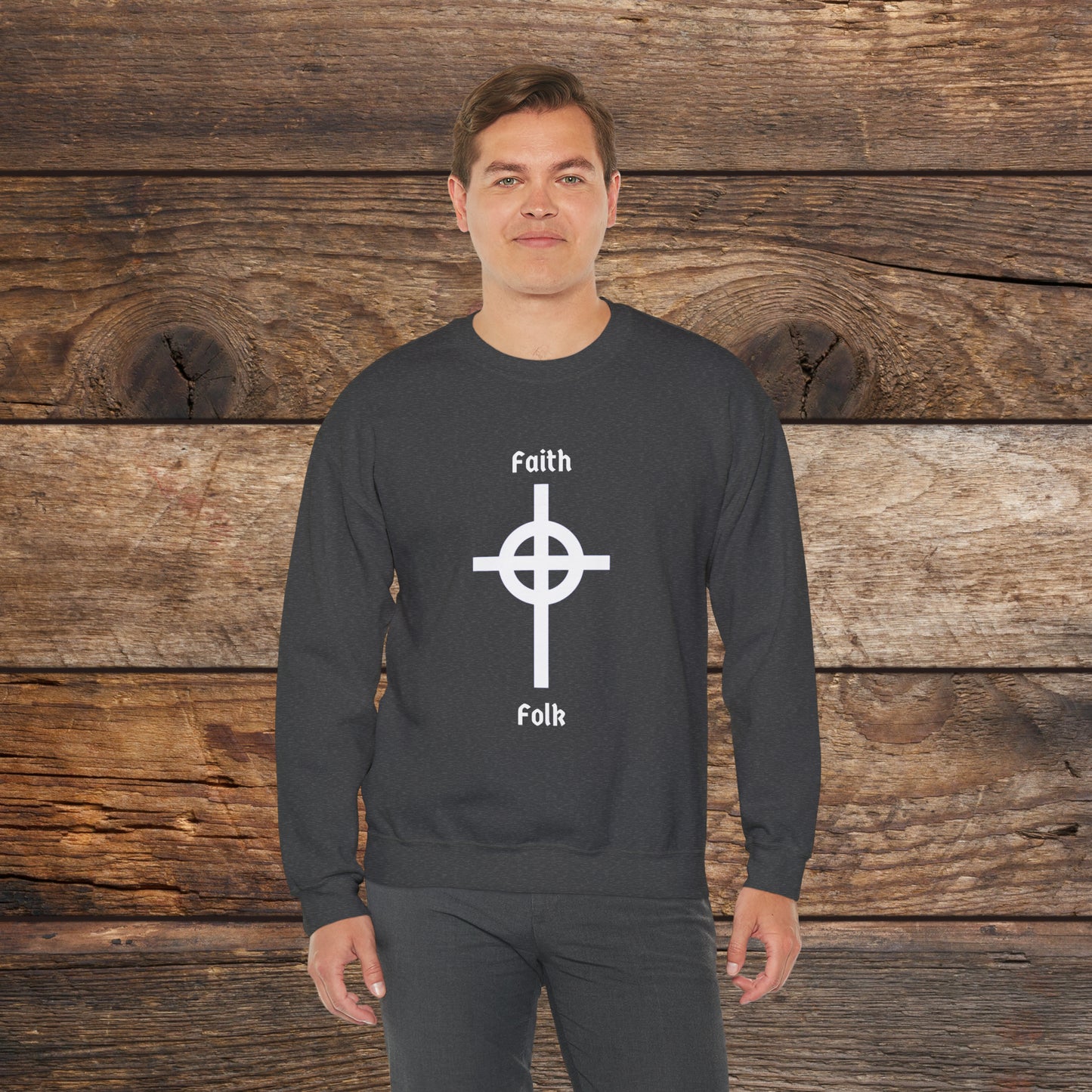 Faith and Folk Long Celtic Cross Large Front Logo Crewneck Sweatshirt