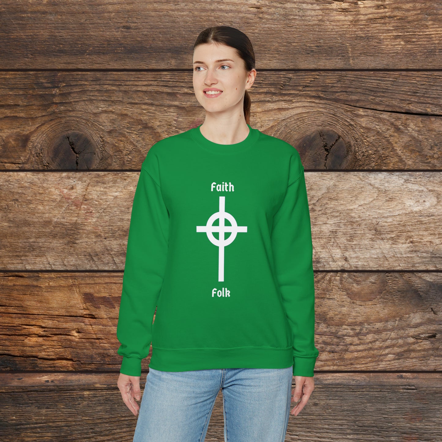 Faith and Folk Long Celtic Cross Large Front Logo Crewneck Sweatshirt