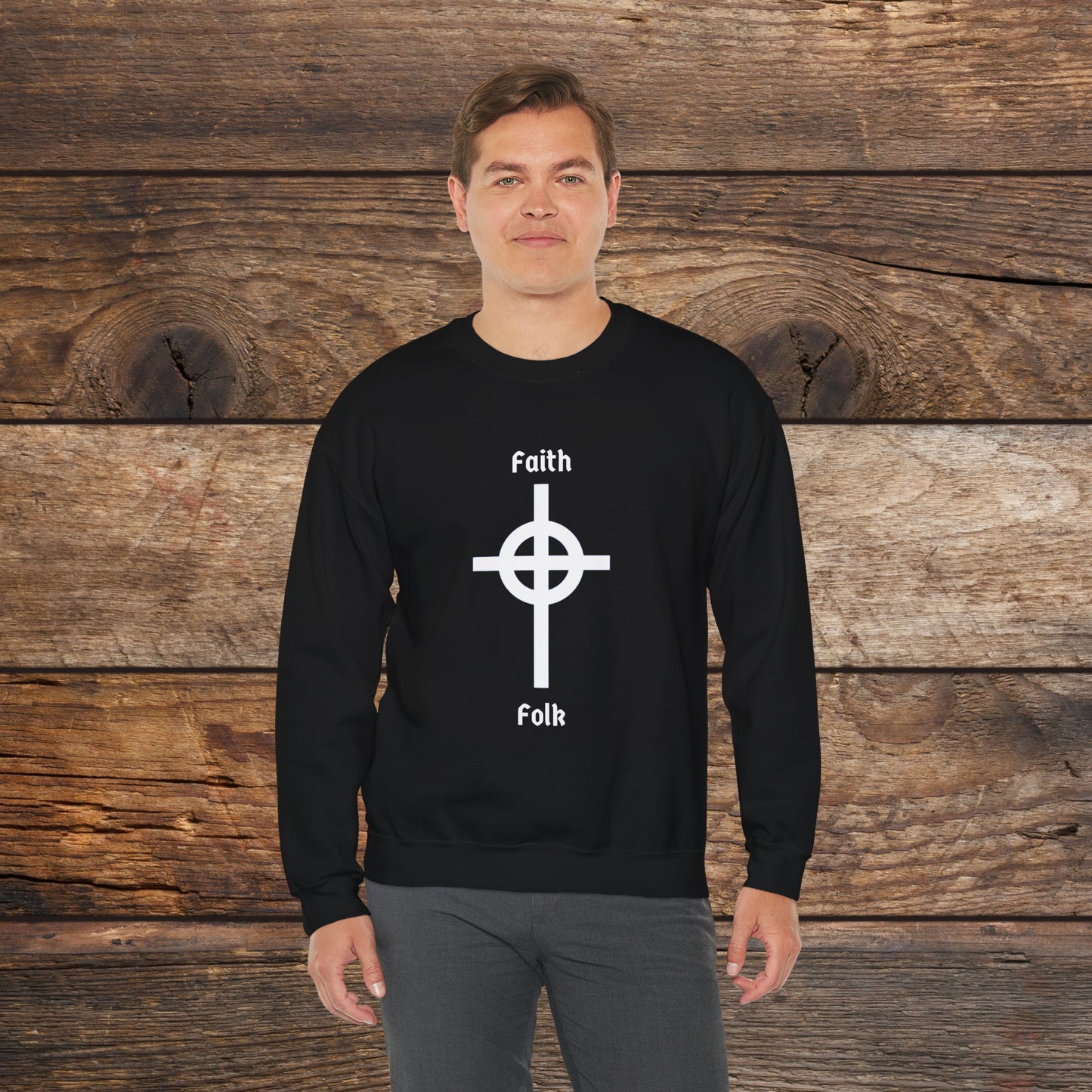 Faith and Folk Long Celtic Cross Large Front Logo Crewneck Sweatshirt