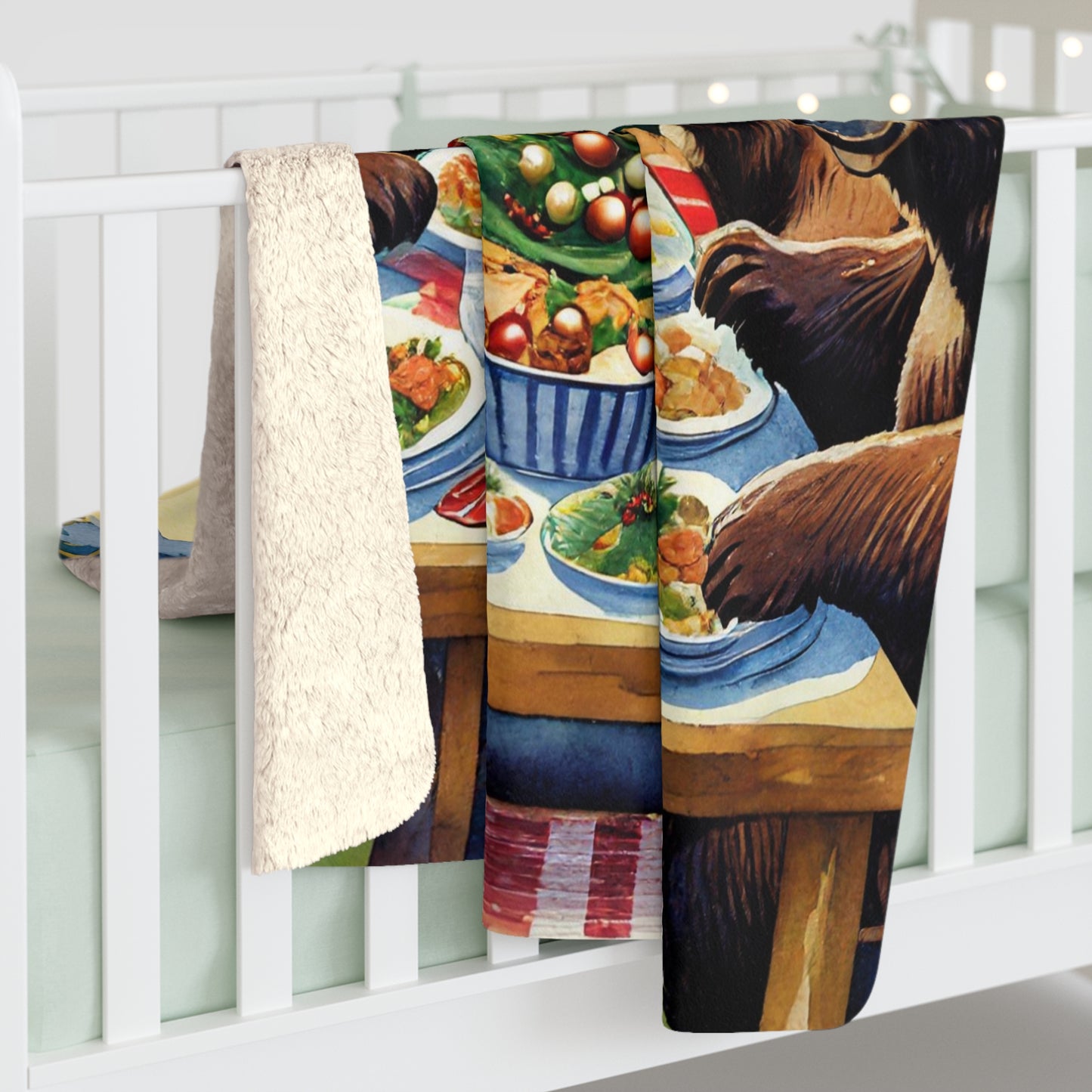 Grizzly Bear Christmas Dinner Sherpa Fleece Blanket