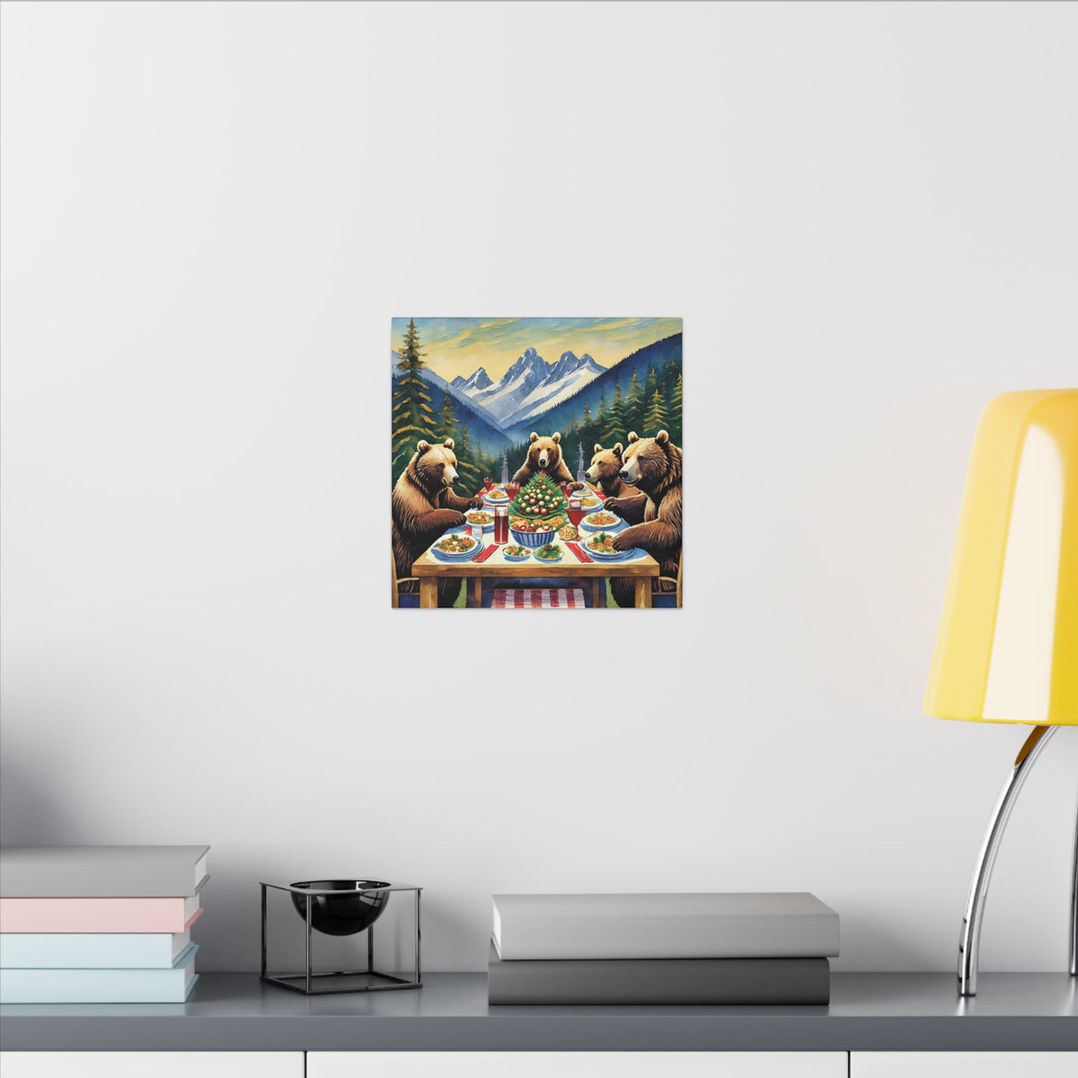Bear Family Holiday Dinner Matte Canvas Print — Rustic Mountain Wall Art