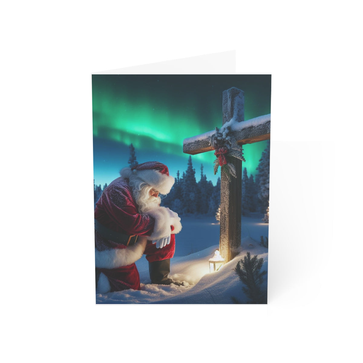 Christmas Santa Kneeling by Wooden Cross Sympathy Greeting Card