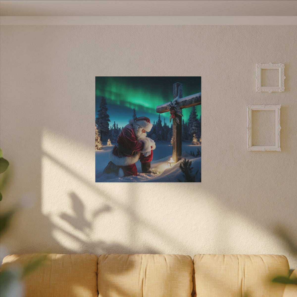 Northern Lights Santa Kneeling by Wooden Cross Canvas Wrap