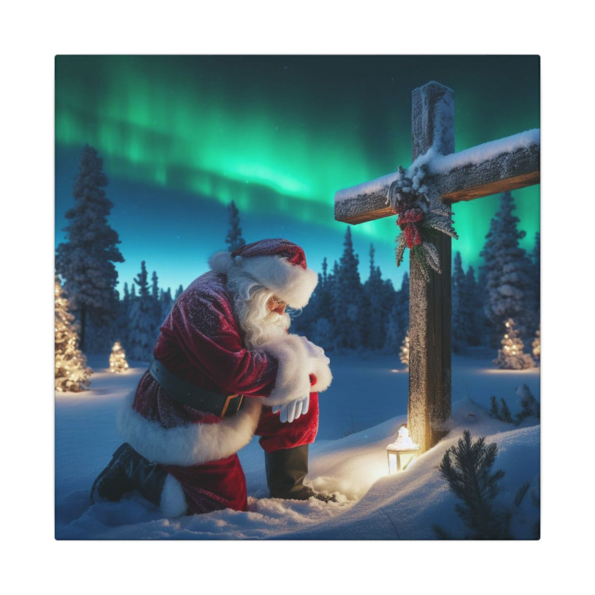 Northern Lights Santa Kneeling by Wooden Cross Canvas Wrap