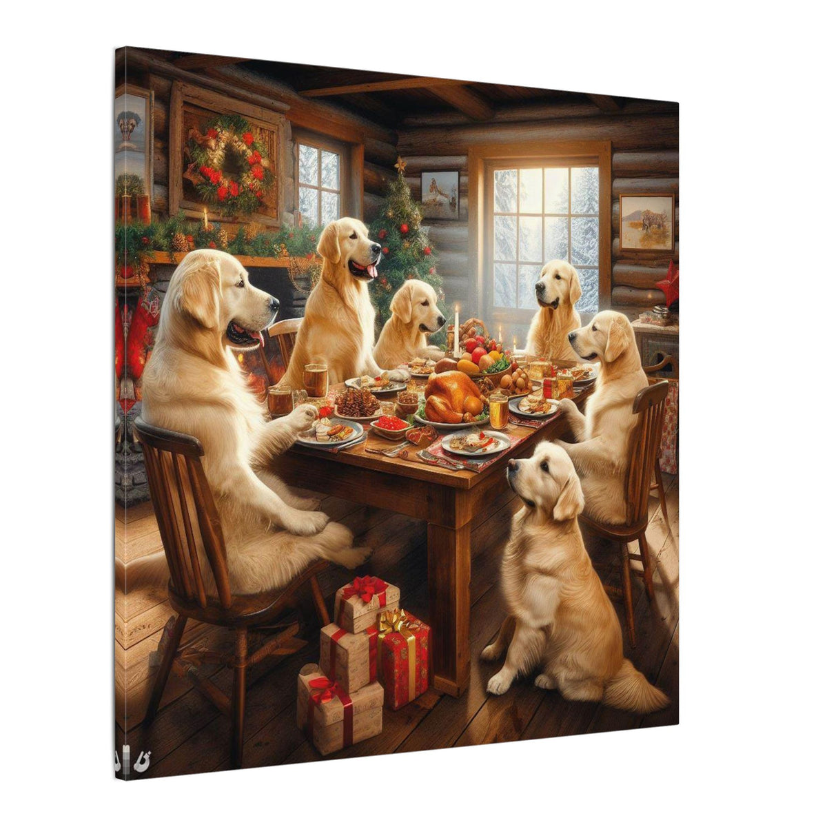Golden Retrievers at Christmas Dinner Canvas Wrap