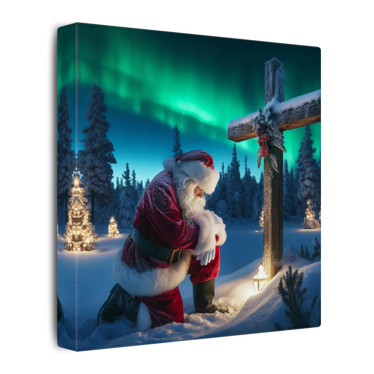 Northern Lights Santa Kneeling by Wooden Cross Canvas Wrap