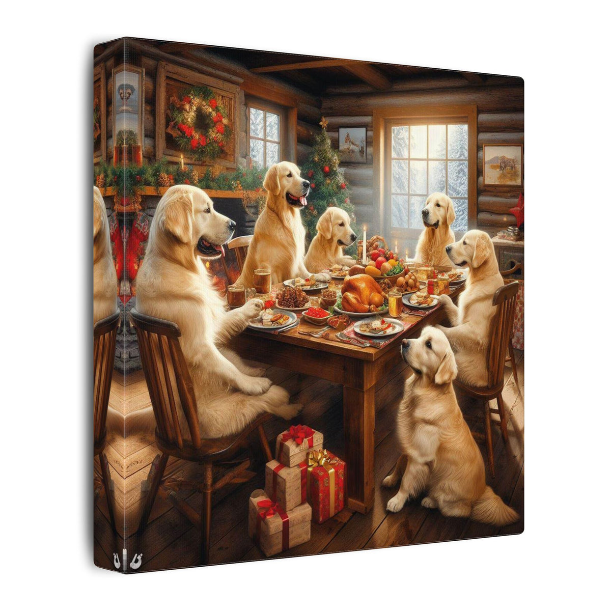 Golden Retrievers at Christmas Dinner Canvas Wrap
