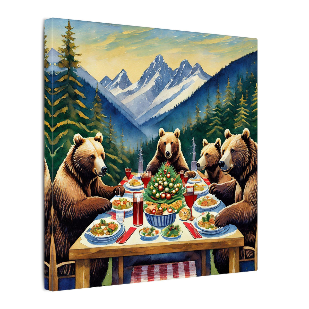 Bear Family Holiday Dinner Matte Canvas Print — Rustic Mountain Wall Art