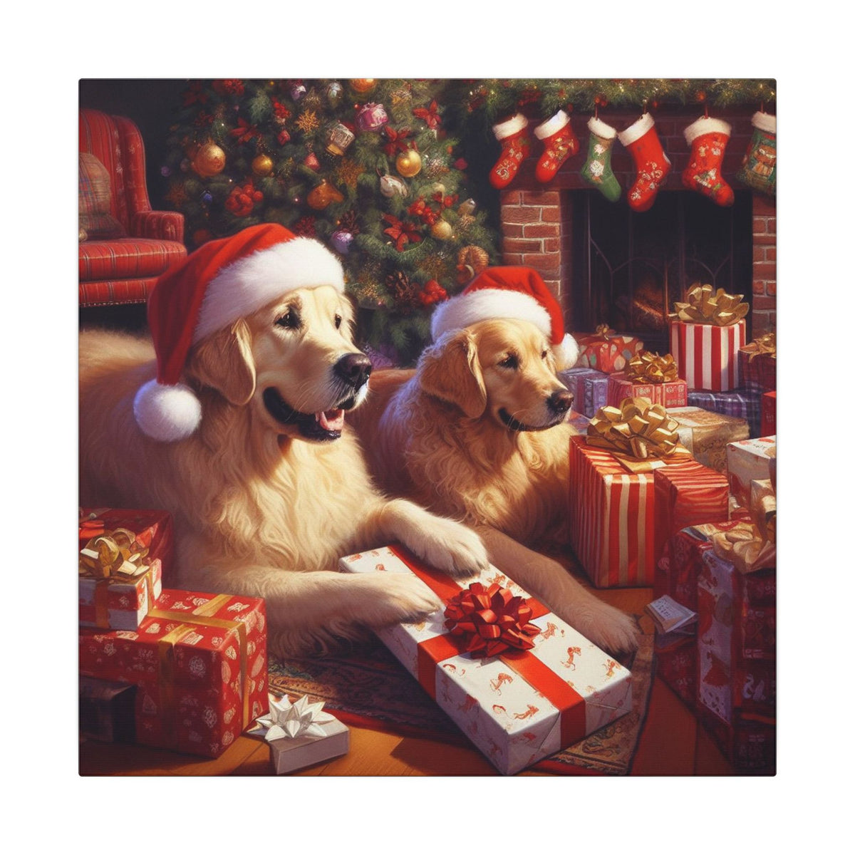 Christmas Golden Retrievers Canvas Wall Art