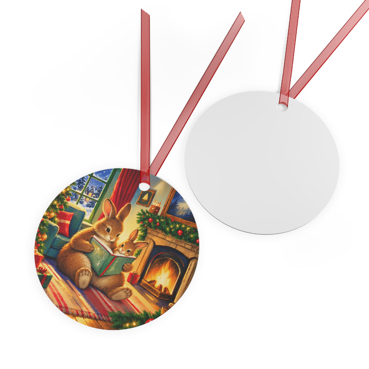 Christmas Bunny Story Time Metal Ornament