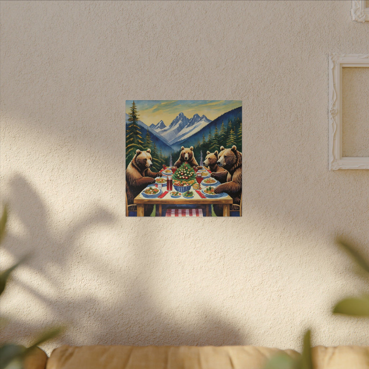 Bear Family Holiday Dinner Matte Canvas Print — Rustic Mountain Wall Art