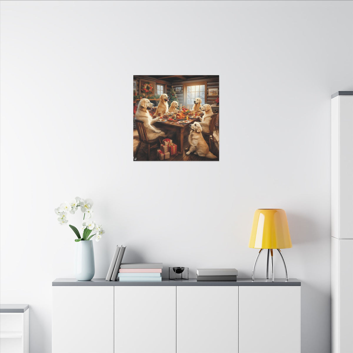 Golden Retrievers at Christmas Dinner Canvas Wrap
