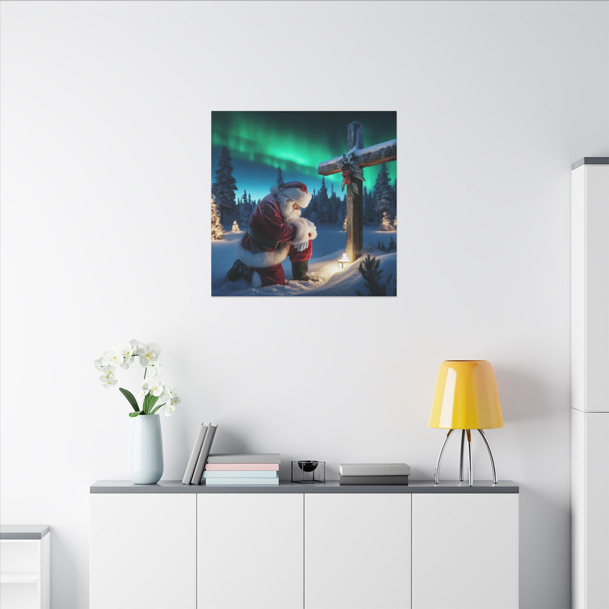 Northern Lights Santa Kneeling by Wooden Cross Canvas Wrap
