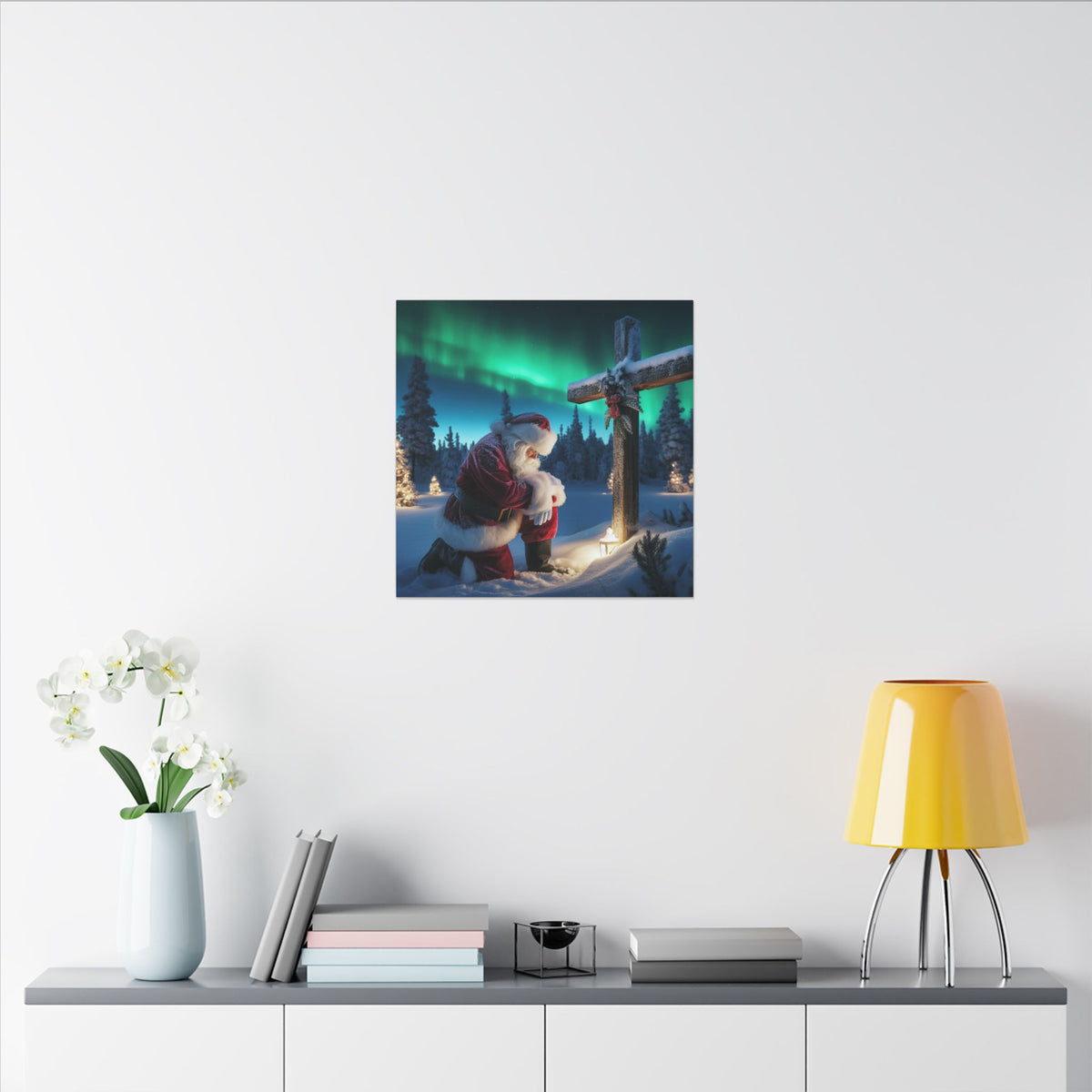 Northern Lights Santa Kneeling by Wooden Cross Canvas Wrap