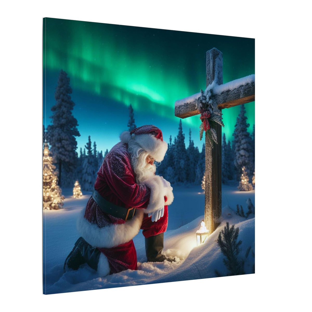 Northern Lights Santa Kneeling by Wooden Cross Canvas Wrap