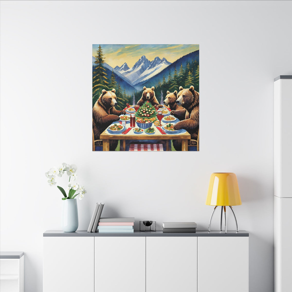 Bear Family Holiday Dinner Matte Canvas Print — Rustic Mountain Wall Art