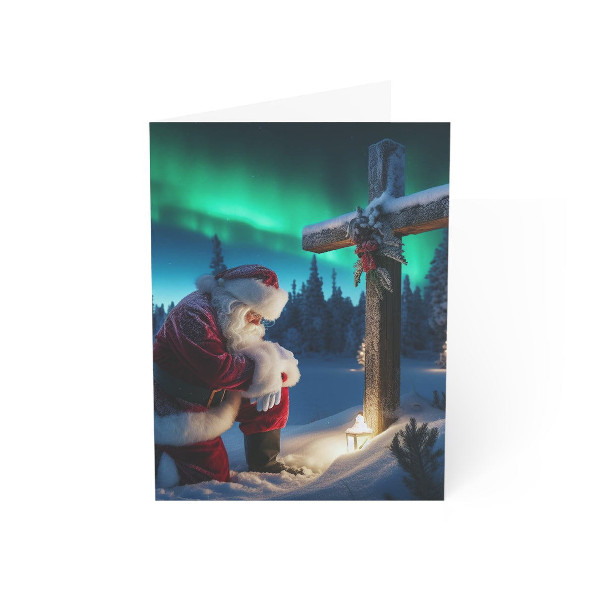 Christmas Santa Kneeling by Wooden Cross Sympathy Greeting Card