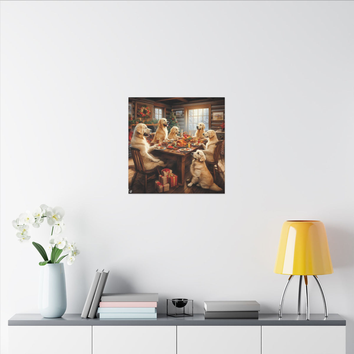 Golden Retrievers at Christmas Dinner Canvas Wrap