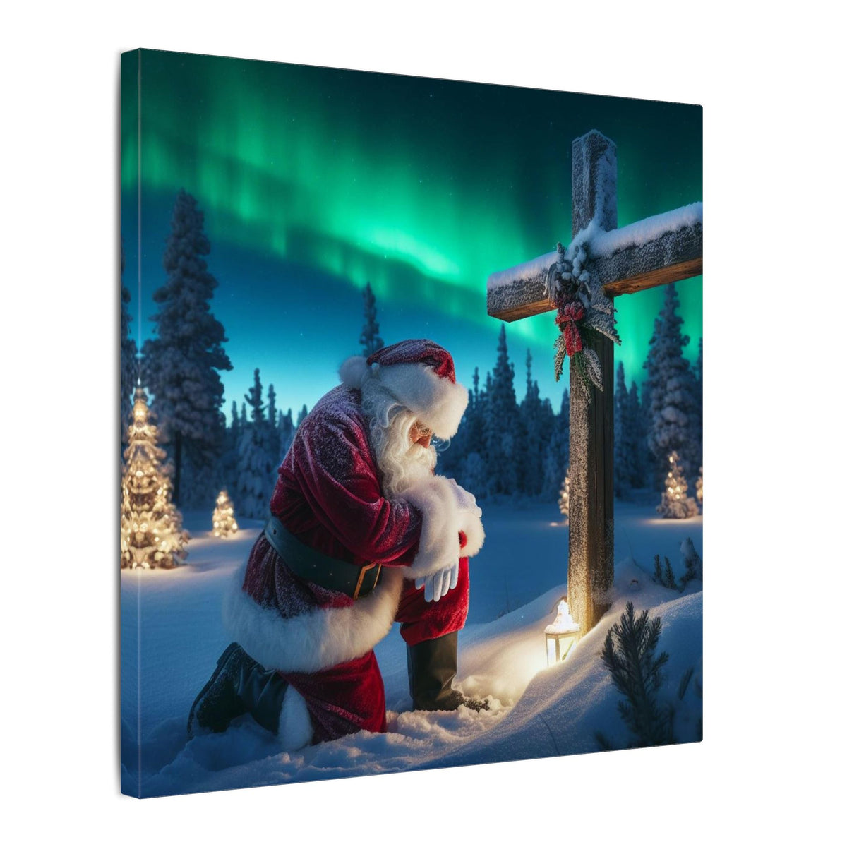 Northern Lights Santa Kneeling by Wooden Cross Canvas Wrap