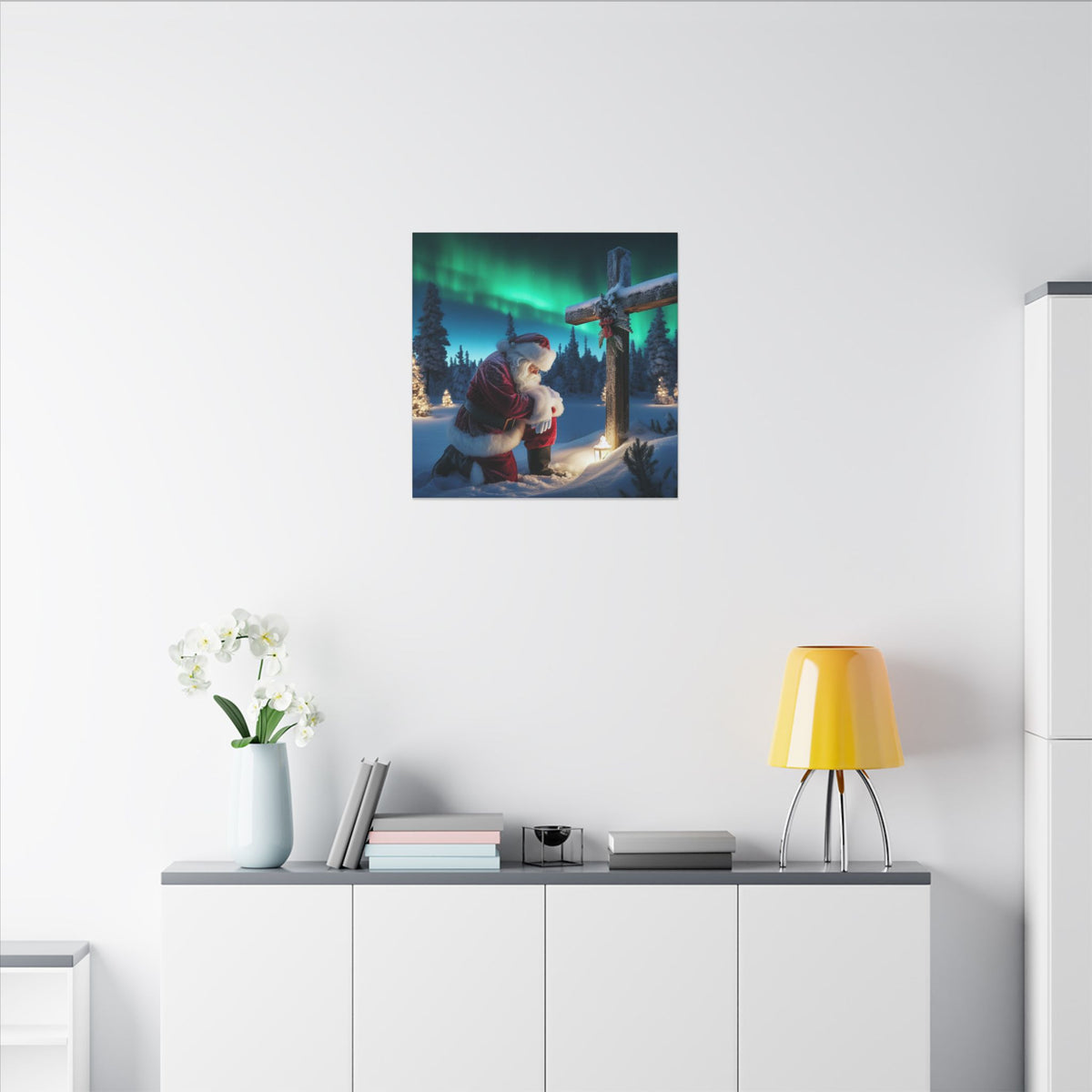 Northern Lights Santa Kneeling by Wooden Cross Canvas Wrap