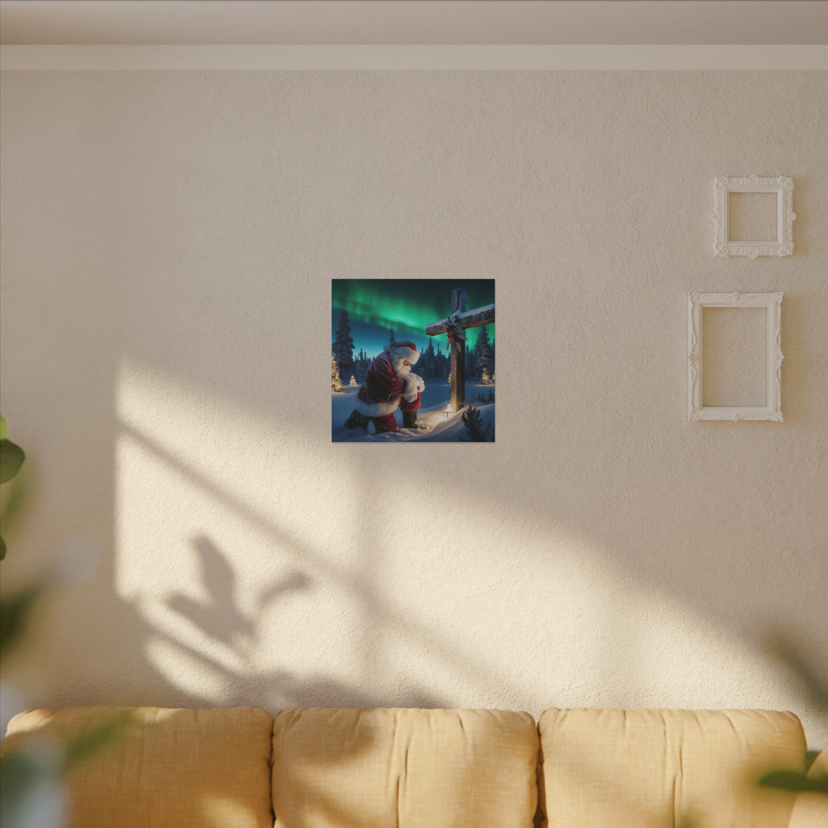 Northern Lights Santa Kneeling by Wooden Cross Canvas Wrap