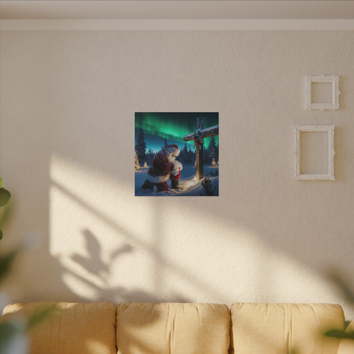 Northern Lights Santa Kneeling by Wooden Cross Canvas Wrap