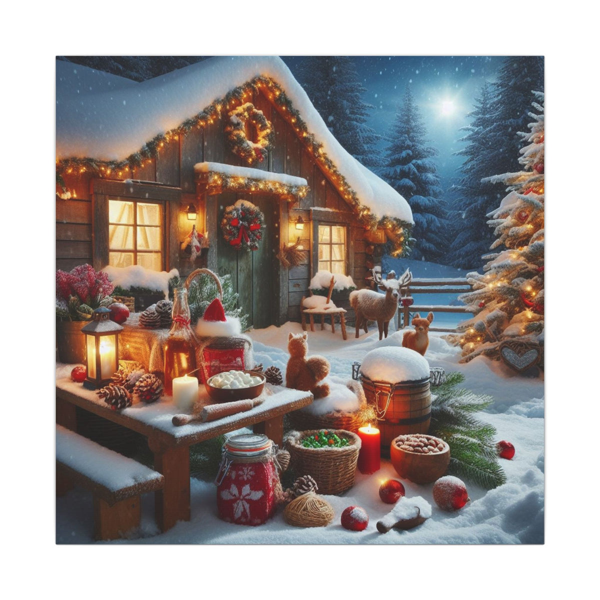 Cozy Snowy Cabin Christmas Matte Canvas Wall Art
