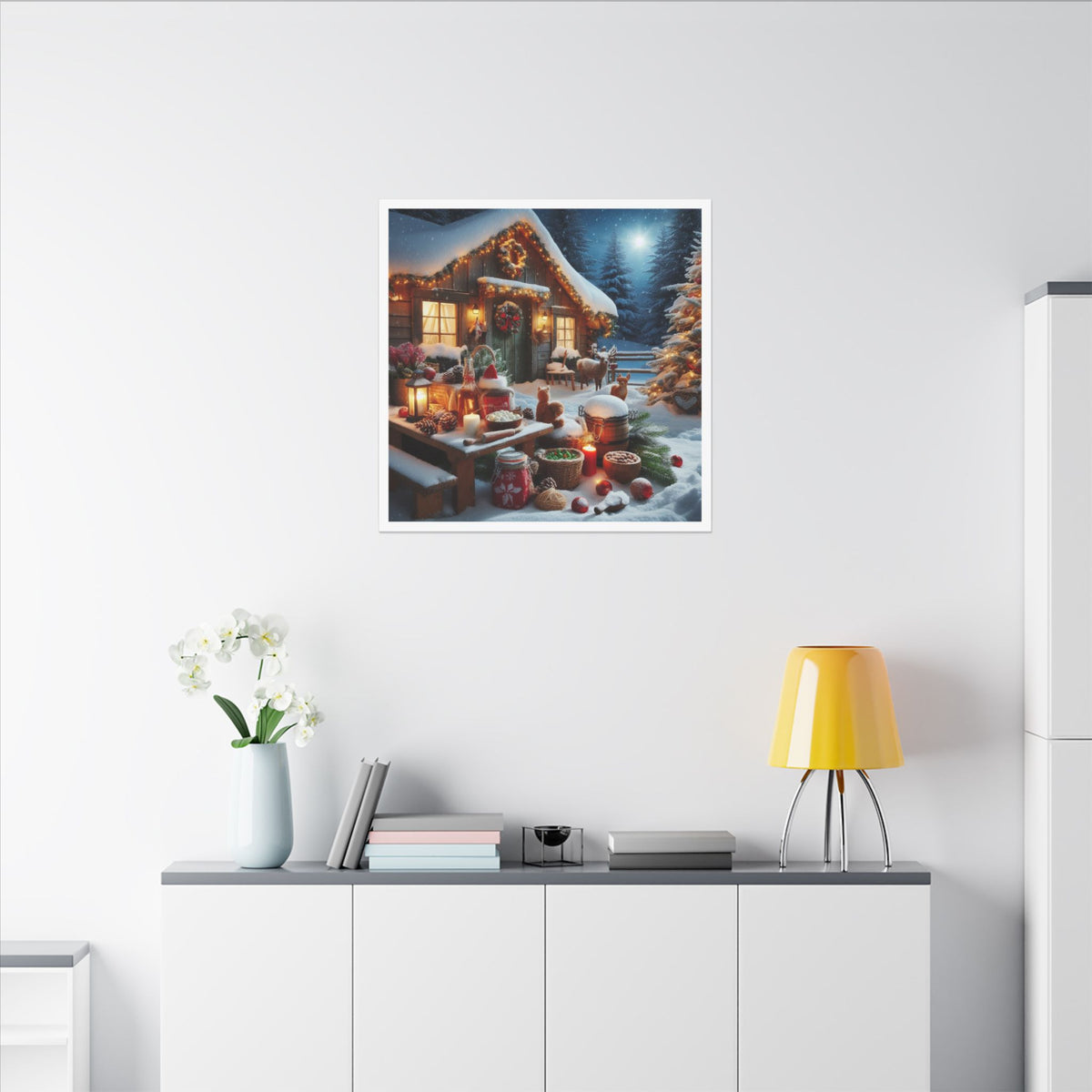 Cozy Snowy Cabin Christmas Matte Canvas Wall Art
