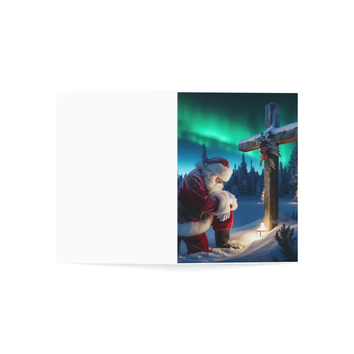 Christmas Santa Kneeling by Wooden Cross Sympathy Greeting Card