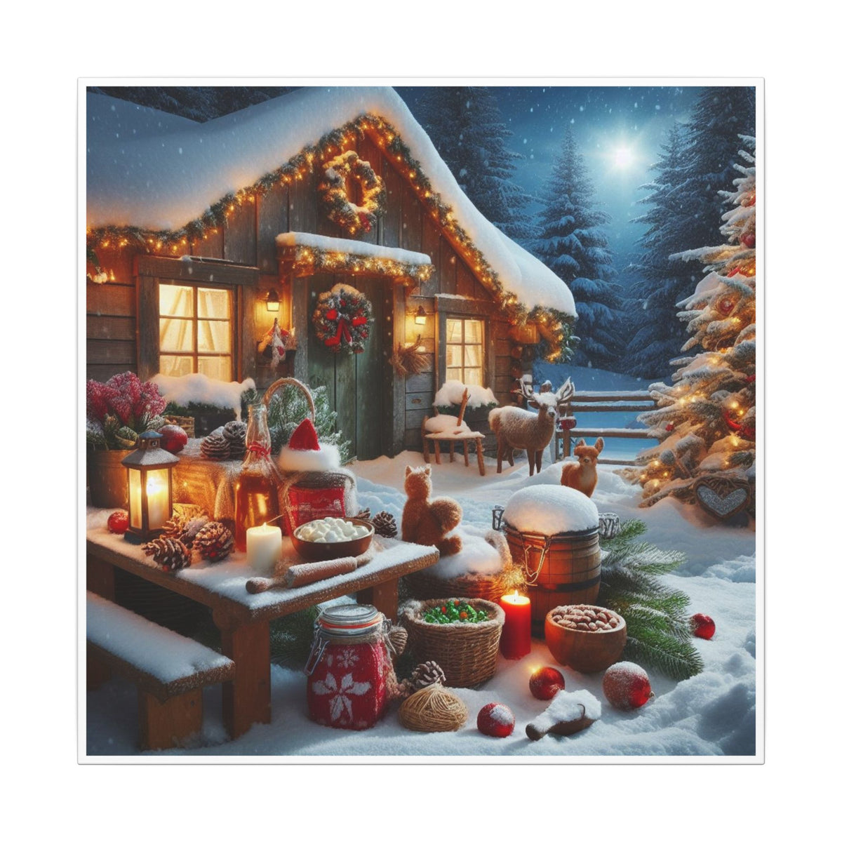 Cozy Snowy Cabin Christmas Matte Canvas Wall Art