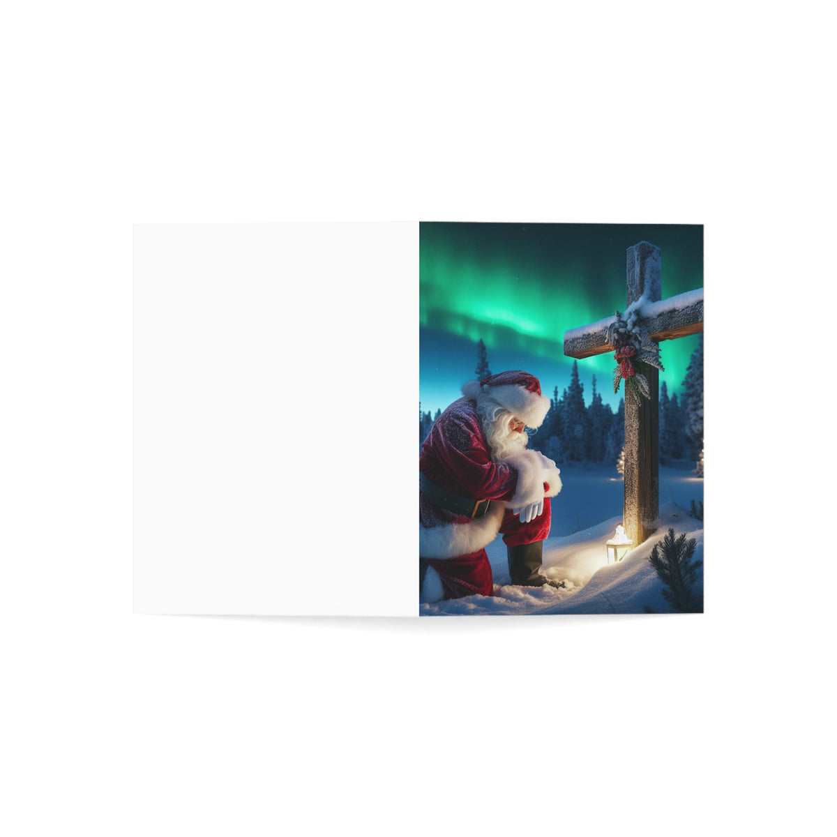 Christmas Santa Kneeling by Wooden Cross Sympathy Greeting Card